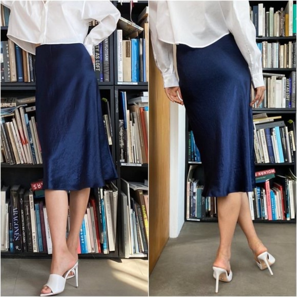 COPY - Babaton Navy Silk Midi Skirt